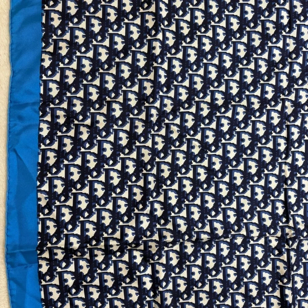 Christian Dior Silk Scarf Trotter Monogram Logo Pattern Blue White Size 29.5 in
